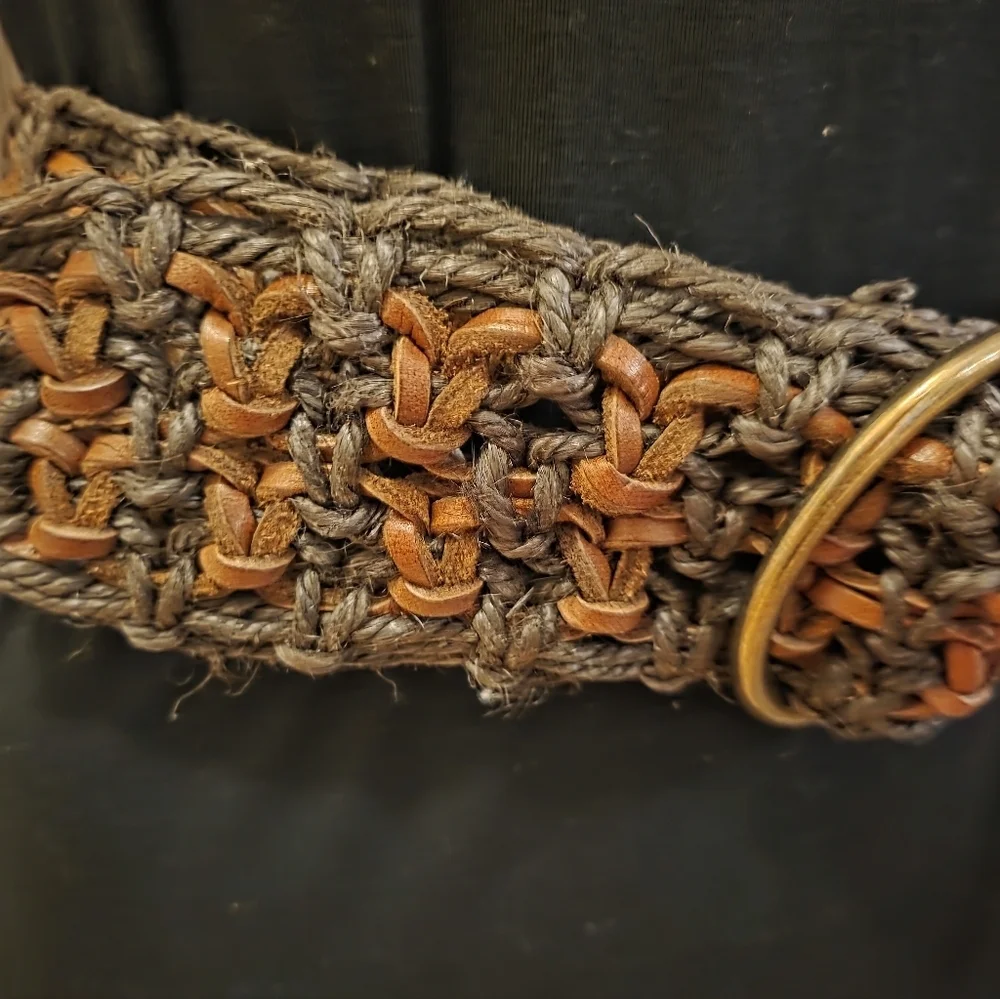 Vintage Woven Brown Macrame and Leather Wide Belt Gold Buckle Fits Up to 32